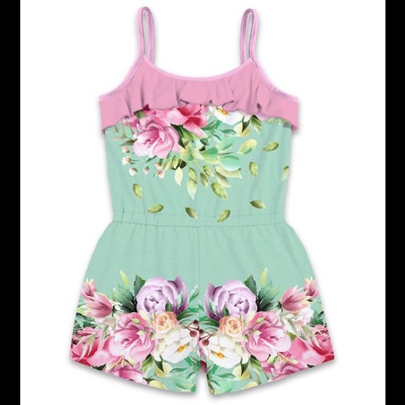 Pink & Turquoise Green Floral Ruffle Accent Romper